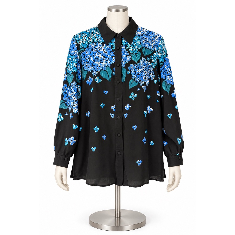 VTG Bob Mackie Wearable Art Silk Blouse Blue Hydrangea Floral Sequin Black Large